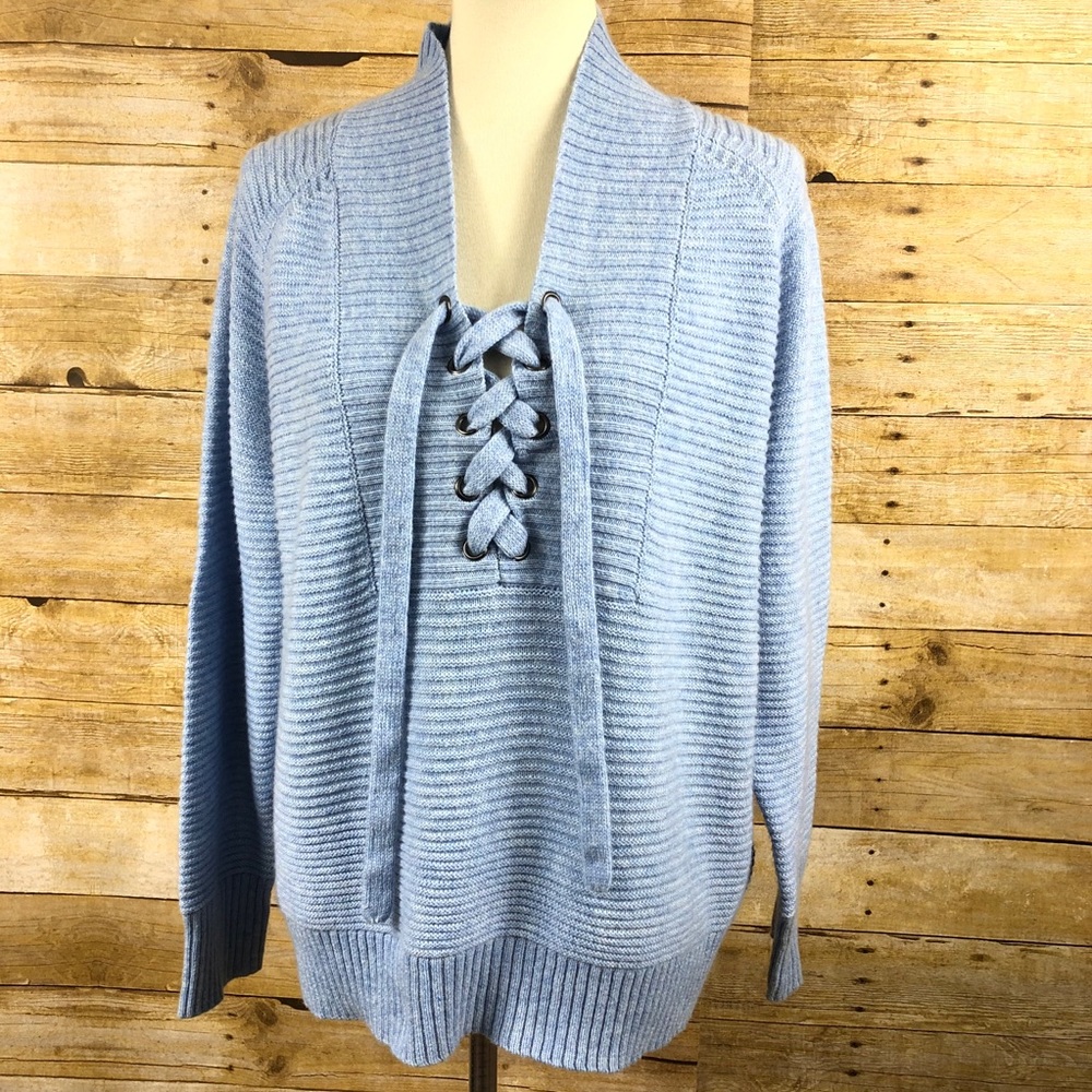 Lucky Brand Blue Ribbed Knit Lace Up Sweater Sz L
